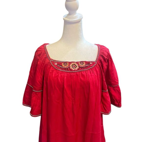 Max Studio Embroidered Rayon Dobby Ruffle Dress Womens Size XS New Red - Picture 6 of 13
